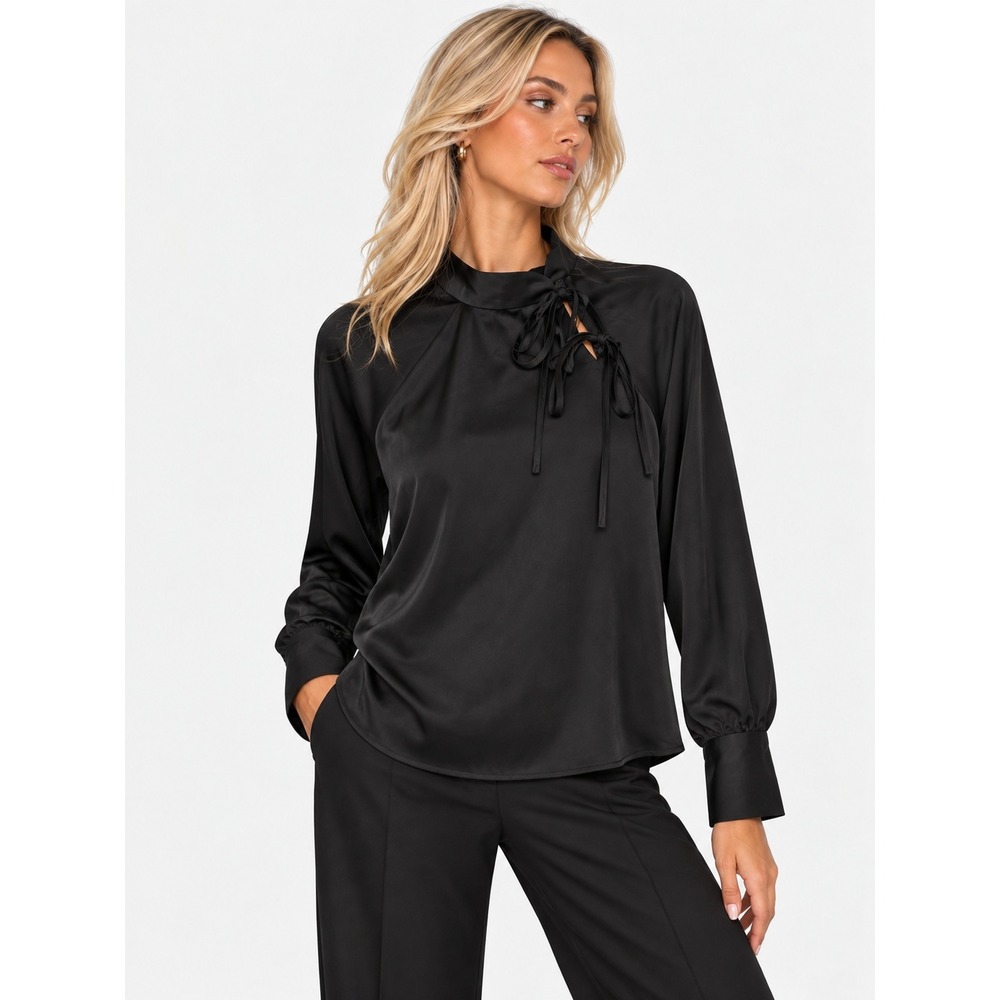 Zara Black Satin High Neck Tie Blouse Long Sleeve Top Size S